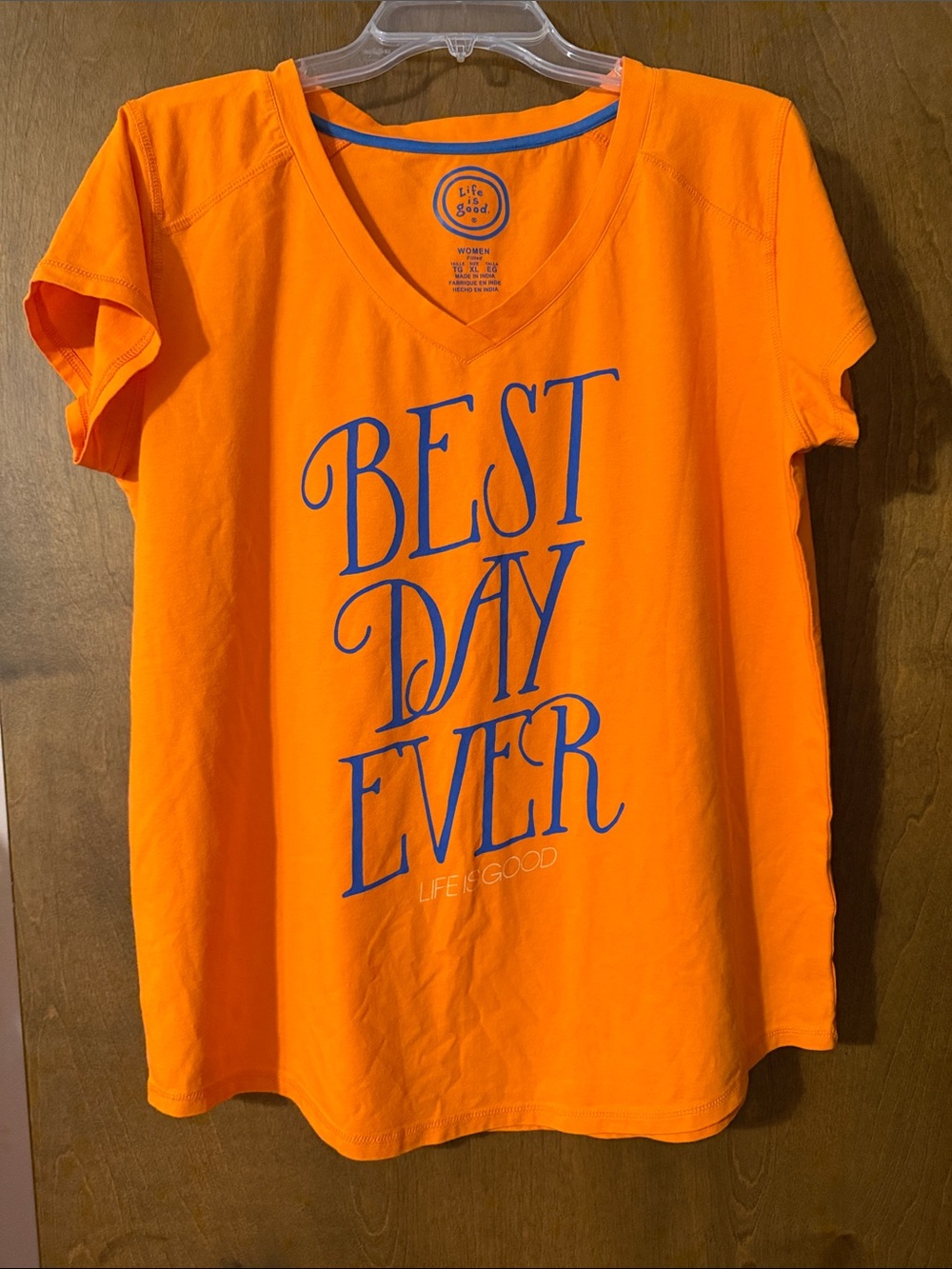 Life Is Good Orange V-Neck Tee with Blue 'Best Day Ever' Graphic